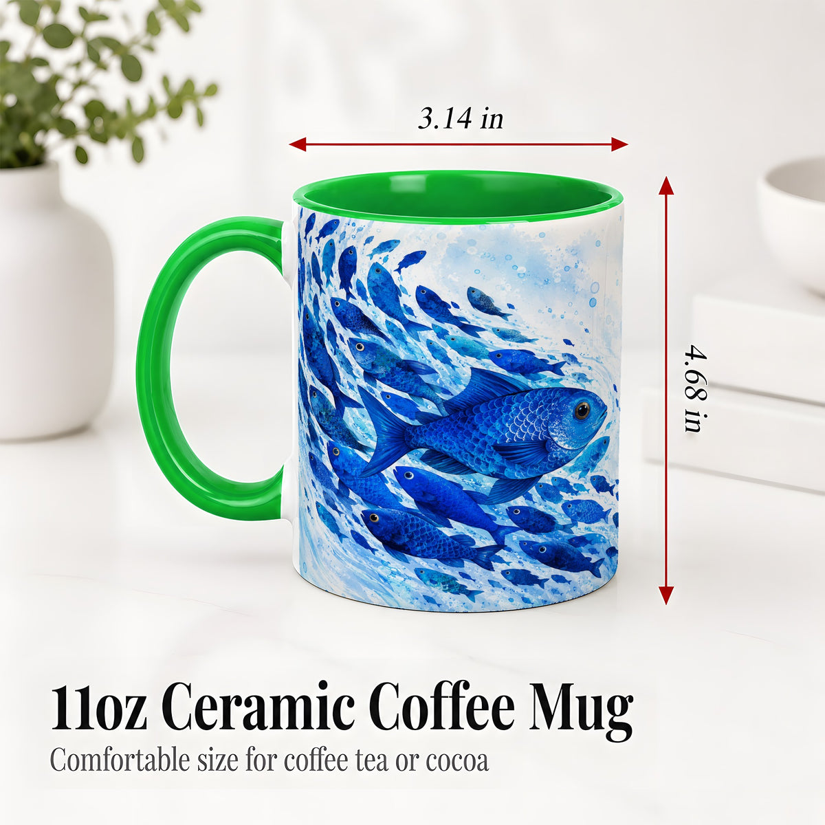 #pl[11oz|Green] Blue Fish School Ceramic Mug, Watercolor Ocean Art for Fish Fans