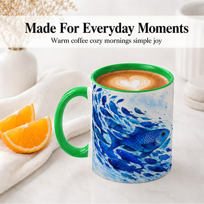 #pl[11oz|Green] Blue Fish School Ceramic Mug, Watercolor Ocean Art for Fish Fans