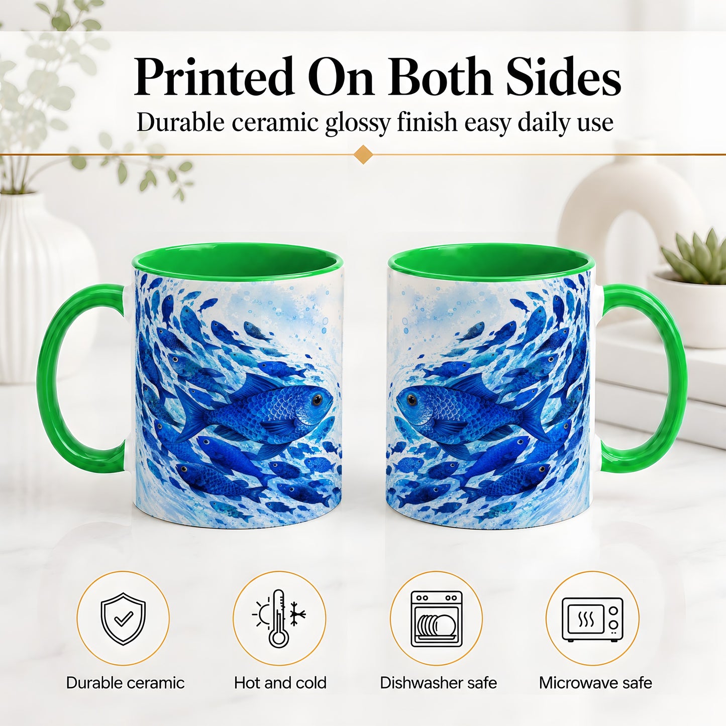 #pl[11oz|Green] Blue Fish School Ceramic Mug, Watercolor Ocean Art for Fish Fans