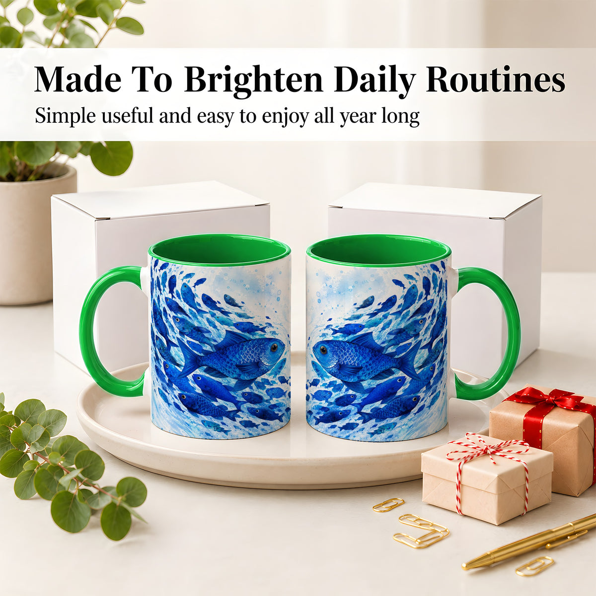 #pl[11oz|Green] Blue Fish School Ceramic Mug, Watercolor Ocean Art for Fish Fans