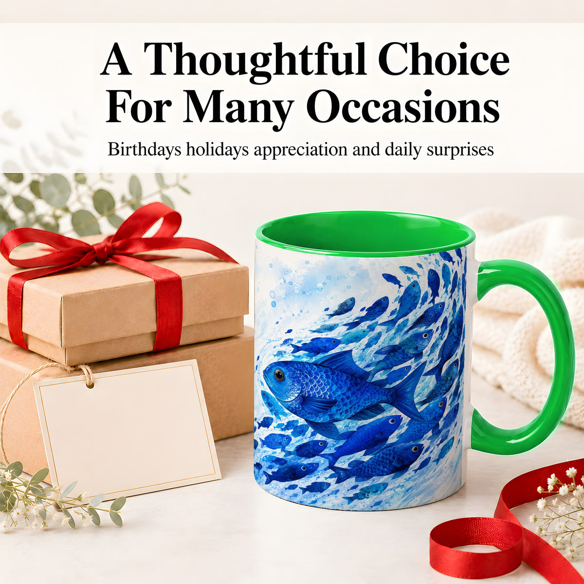 #pl[11oz|Green] Blue Fish School Ceramic Mug, Watercolor Ocean Art for Fish Fans