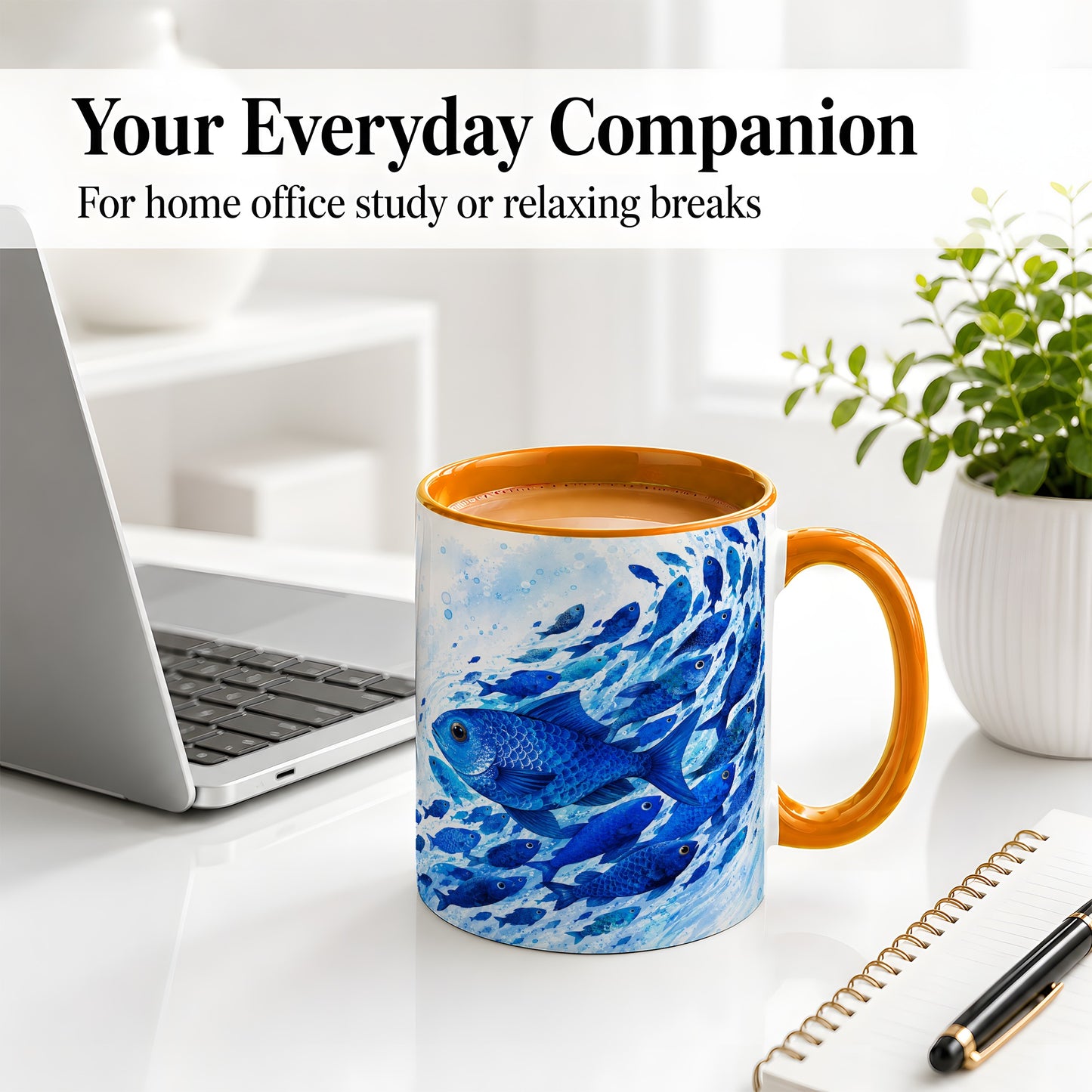 #pl[11oz|Orange] Blue Fish School Ceramic Mug, Watercolor Ocean Art for Fish Fans