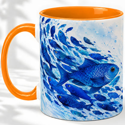 #pl[11oz|Orange] Blue Fish School Ceramic Mug, Watercolor Ocean Art for Fish Fans