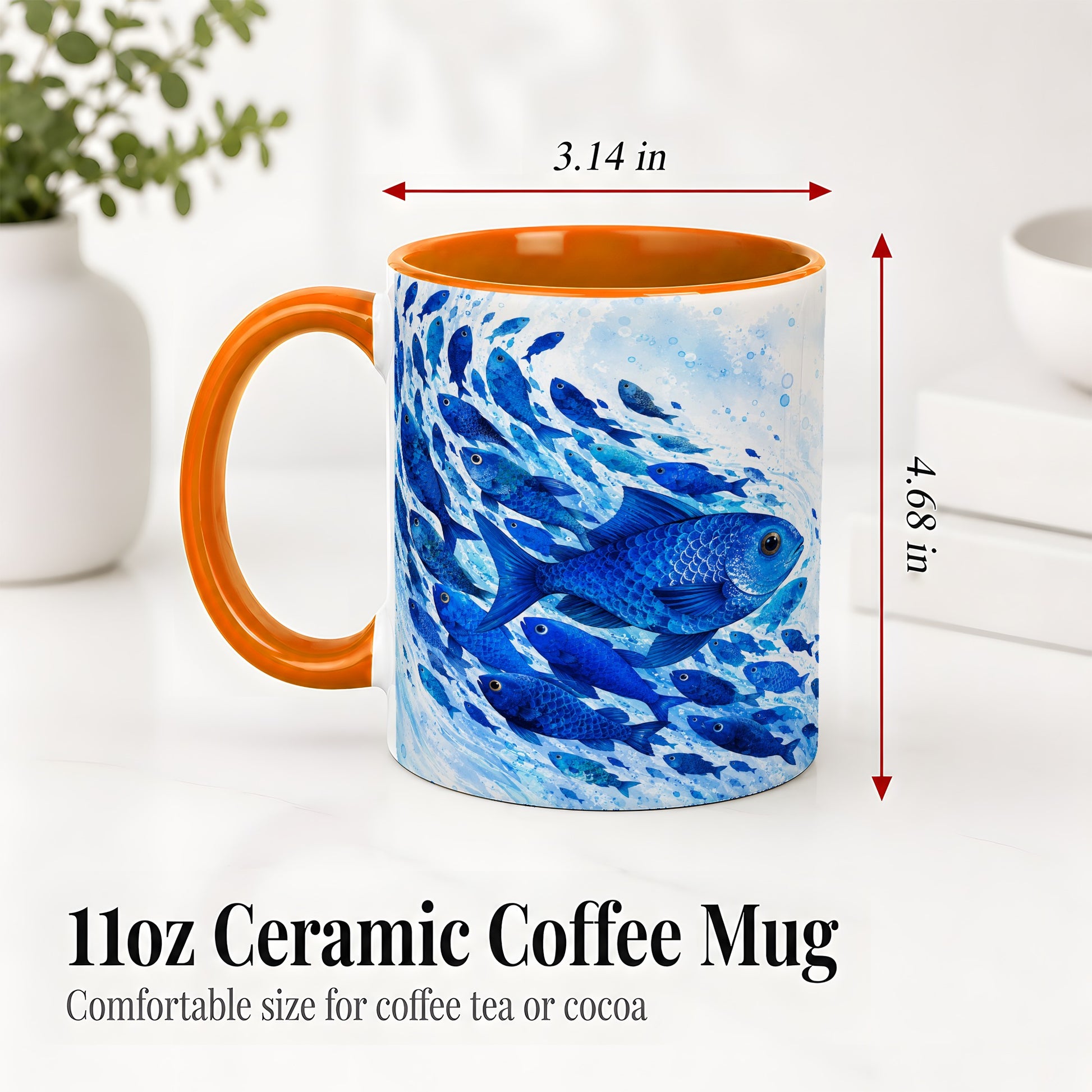 #pl[11oz|Orange] Blue Fish School Ceramic Mug, Watercolor Ocean Art for Fish Fans