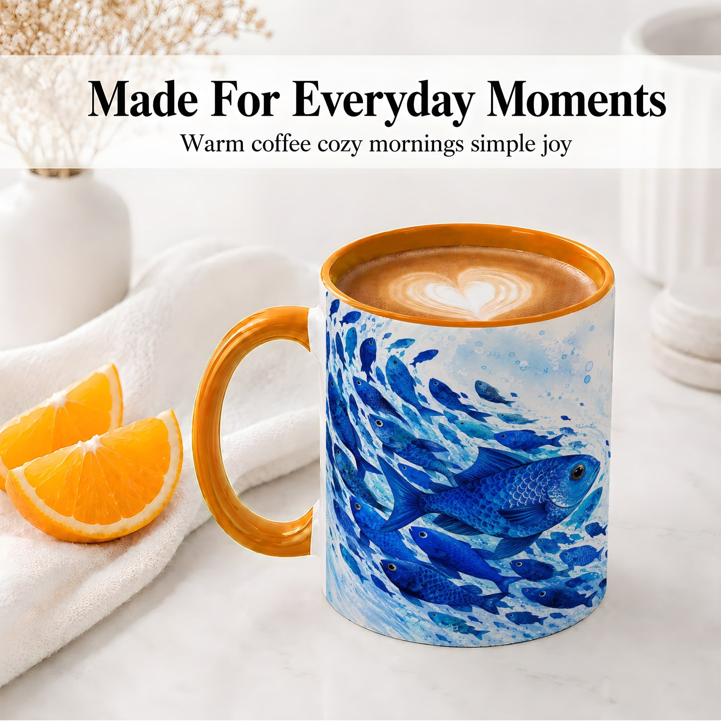 #pl[11oz|Orange] Blue Fish School Ceramic Mug, Watercolor Ocean Art for Fish Fans