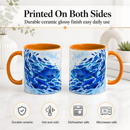#pl[11oz|Orange] Blue Fish School Ceramic Mug, Watercolor Ocean Art for Fish Fans
