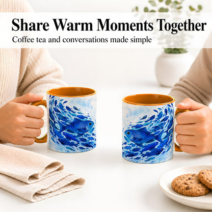 #pl[11oz|Orange] Blue Fish School Ceramic Mug, Watercolor Ocean Art for Fish Fans