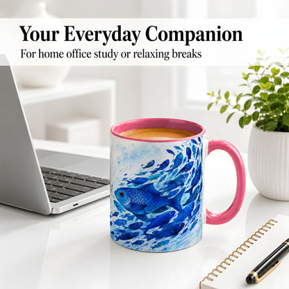 #pl[11oz|Pink] Blue Fish School Ceramic Mug, Watercolor Ocean Art for Fish Fans