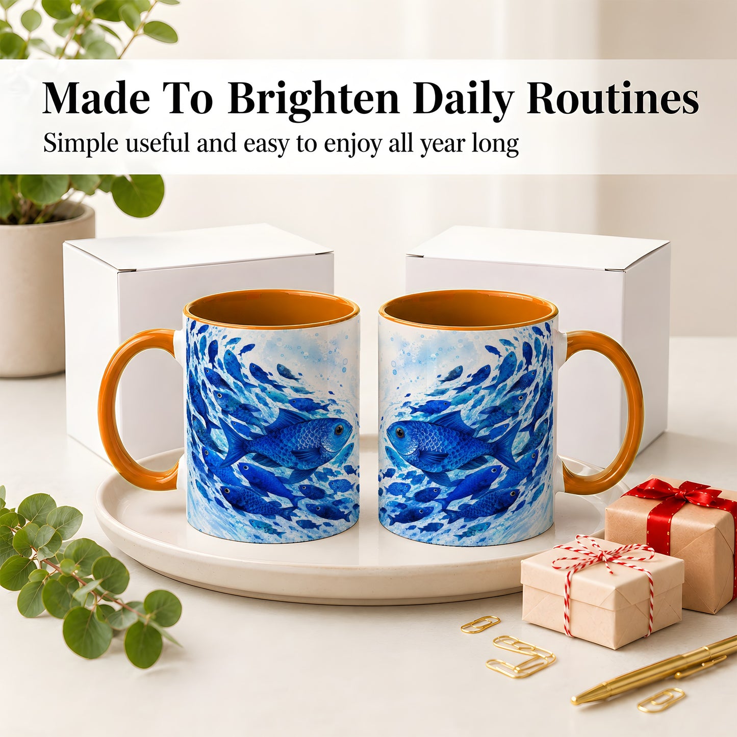 #pl[11oz|Orange] Blue Fish School Ceramic Mug, Watercolor Ocean Art for Fish Fans