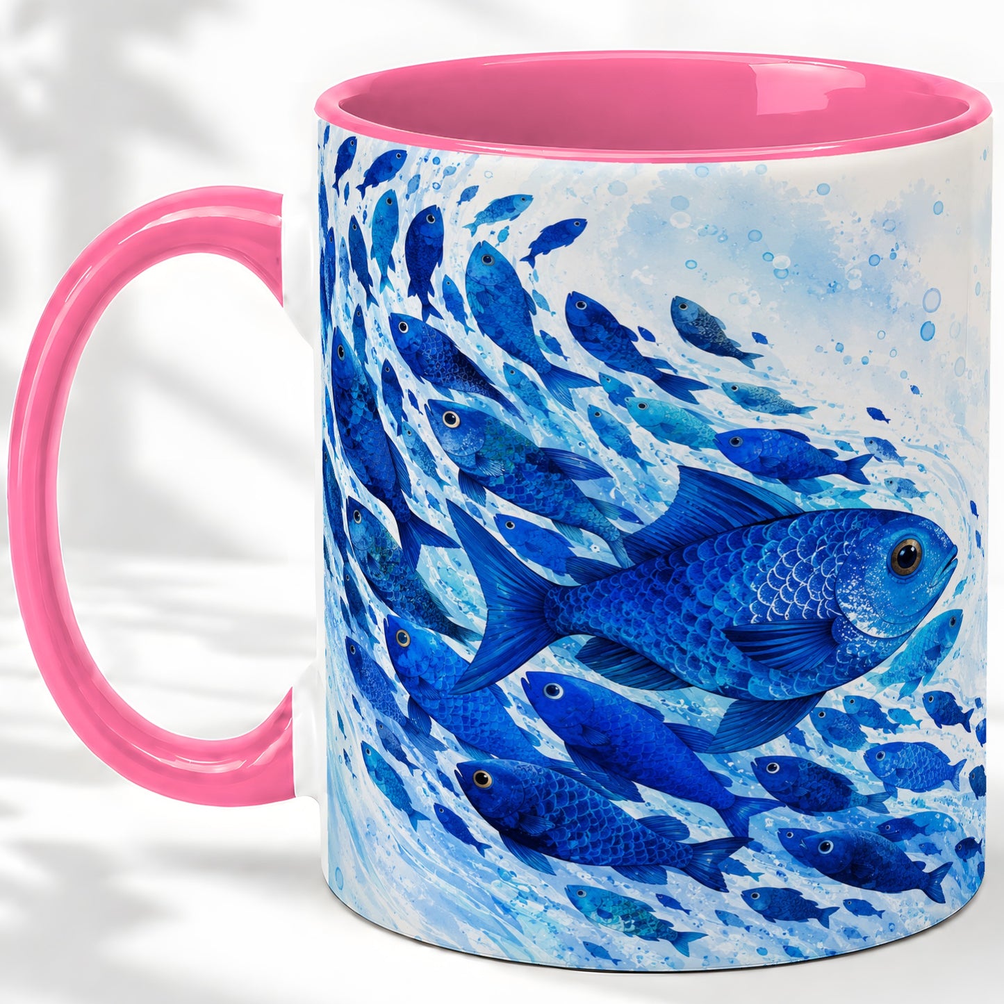 #pl[11oz|Pink] Blue Fish School Ceramic Mug, Watercolor Ocean Art for Fish Fans