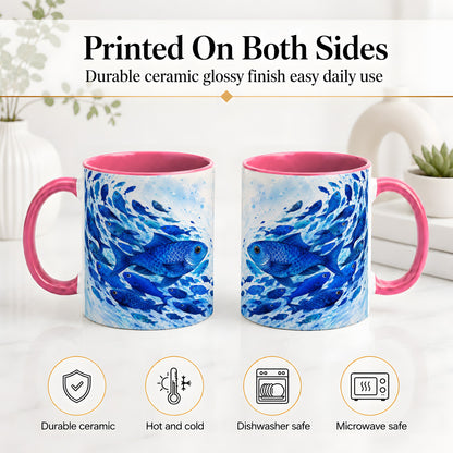 #pl[11oz|Pink] Blue Fish School Ceramic Mug, Watercolor Ocean Art for Fish Fans