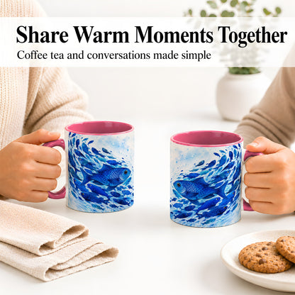 #pl[11oz|Pink] Blue Fish School Ceramic Mug, Watercolor Ocean Art for Fish Fans