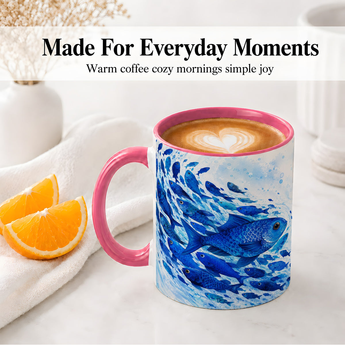 #pl[11oz|Pink] Blue Fish School Ceramic Mug, Watercolor Ocean Art for Fish Fans