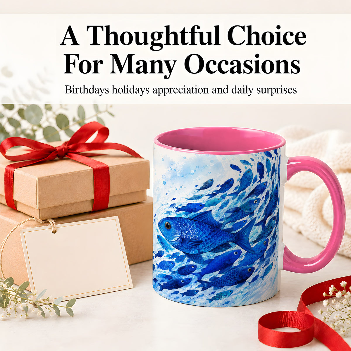 #pl[11oz|Pink] Blue Fish School Ceramic Mug, Watercolor Ocean Art for Fish Fans
