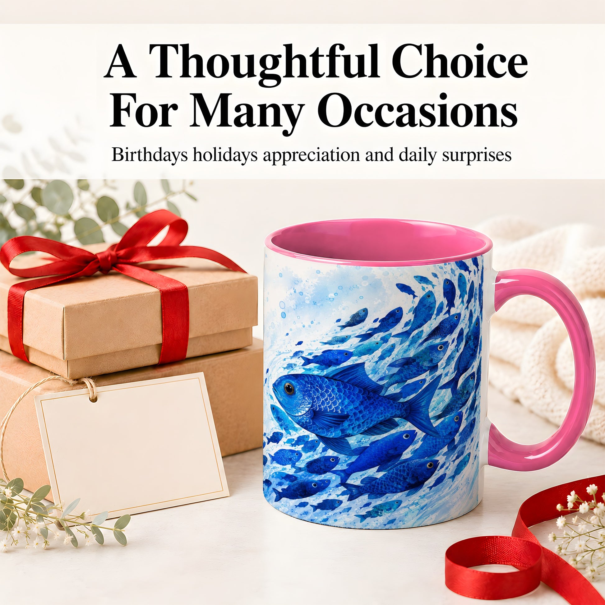 #pl[11oz|Pink] Blue Fish School Ceramic Mug, Watercolor Ocean Art for Fish Fans