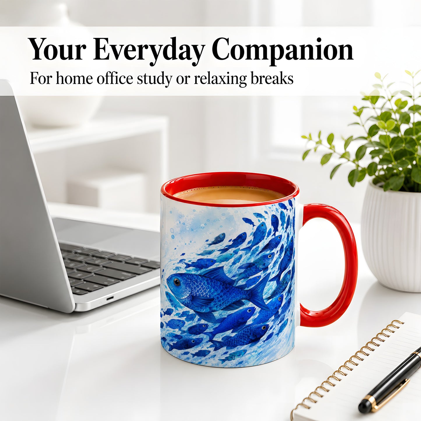 #pl[11oz|Red] Blue Fish School Ceramic Mug, Watercolor Ocean Art for Fish Fans