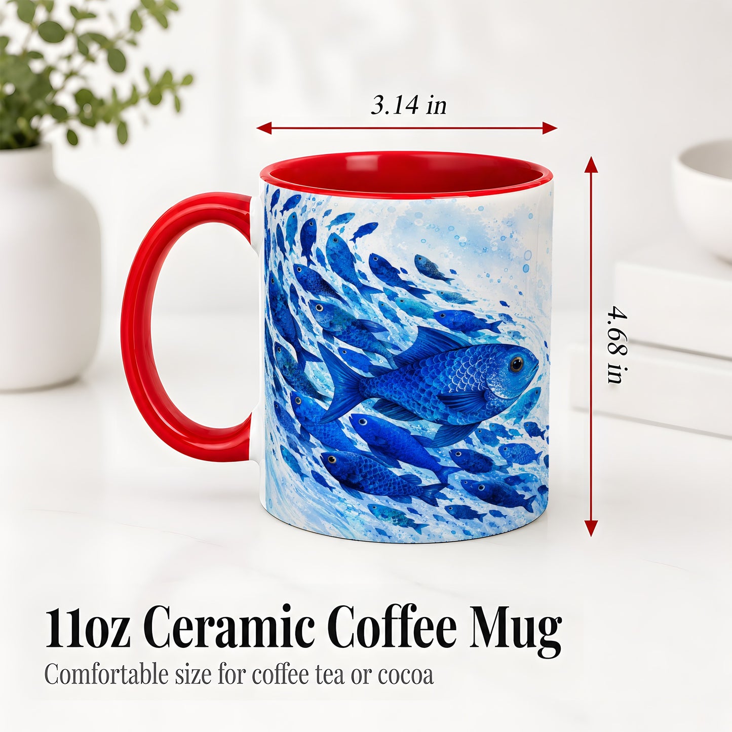 #pl[11oz|Red] Blue Fish School Ceramic Mug, Watercolor Ocean Art for Fish Fans
