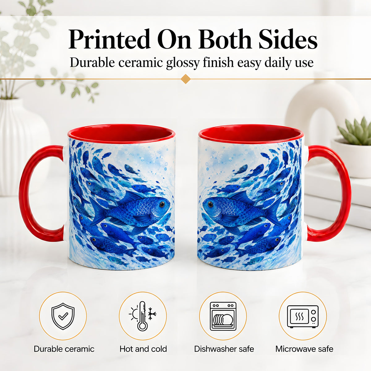 #pl[11oz|Red] Blue Fish School Ceramic Mug, Watercolor Ocean Art for Fish Fans
