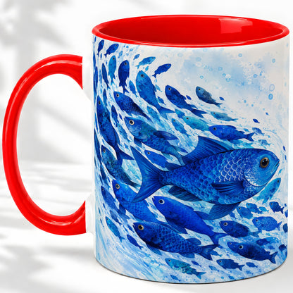 Blue Fish School Ceramic Mug, Watercolor Ocean Art for Fish Fans
