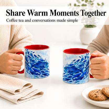 #pl[11oz|Red] Blue Fish School Ceramic Mug, Watercolor Ocean Art for Fish Fans