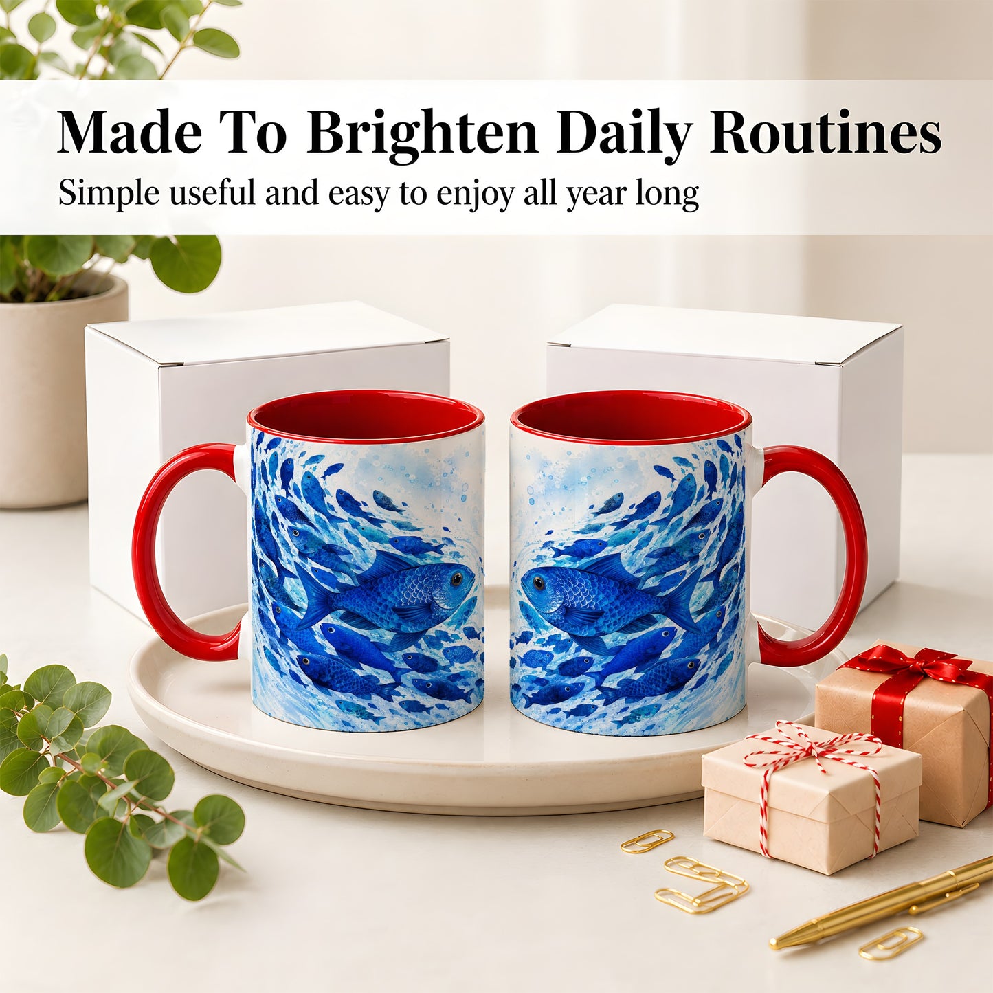 #pl[11oz|Red] Blue Fish School Ceramic Mug, Watercolor Ocean Art for Fish Fans