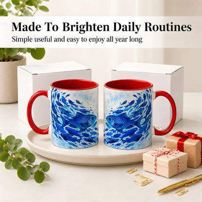 #pl[11oz|Red] Blue Fish School Ceramic Mug, Watercolor Ocean Art for Fish Fans