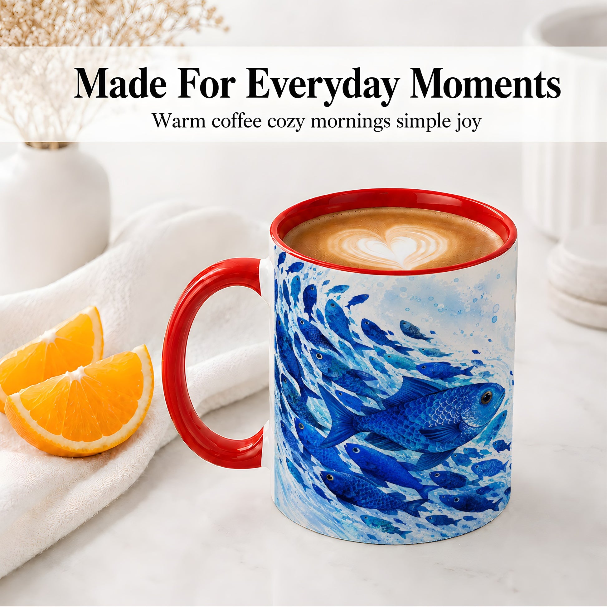 #pl[11oz|Red] Blue Fish School Ceramic Mug, Watercolor Ocean Art for Fish Fans