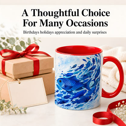 #pl[11oz|Red] Blue Fish School Ceramic Mug, Watercolor Ocean Art for Fish Fans