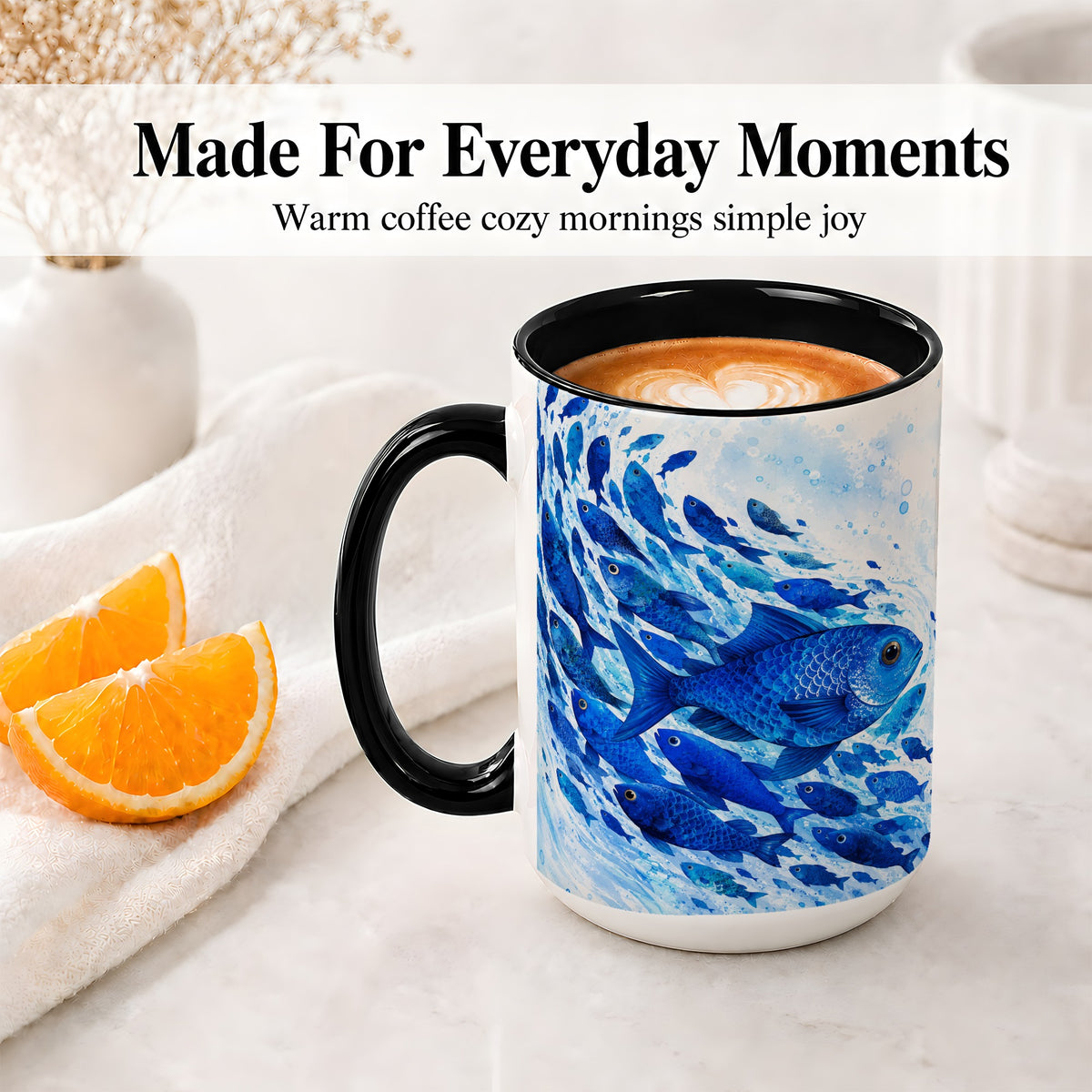 #pl[15oz|Black] Blue Fish School Ceramic Mug, Watercolor Ocean Art for Fish Fans