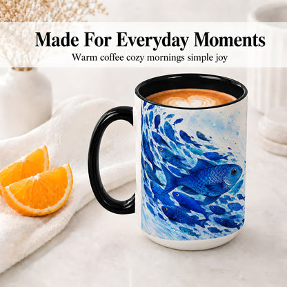 #pl[15oz|Black] Blue Fish School Ceramic Mug, Watercolor Ocean Art for Fish Fans