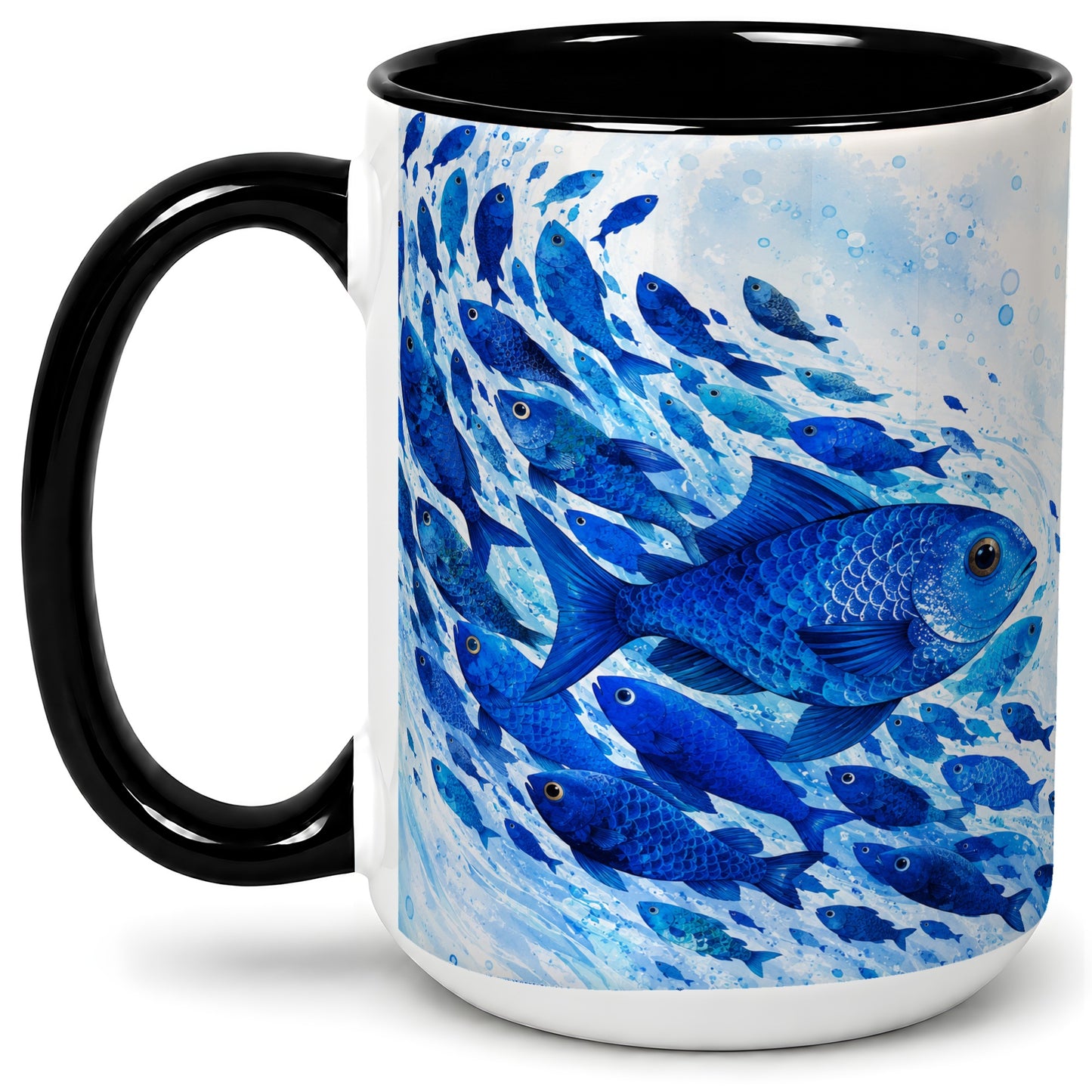 #pl[15oz|Black] Blue Fish School Ceramic Mug, Watercolor Ocean Art for Fish Fans