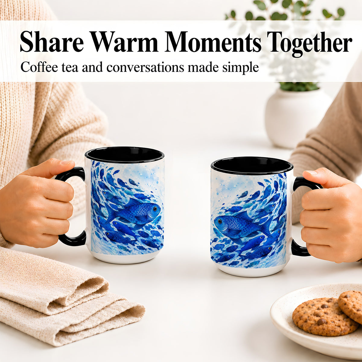 #pl[15oz|Black] Blue Fish School Ceramic Mug, Watercolor Ocean Art for Fish Fans