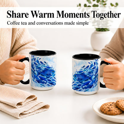 #pl[15oz|Black] Blue Fish School Ceramic Mug, Watercolor Ocean Art for Fish Fans