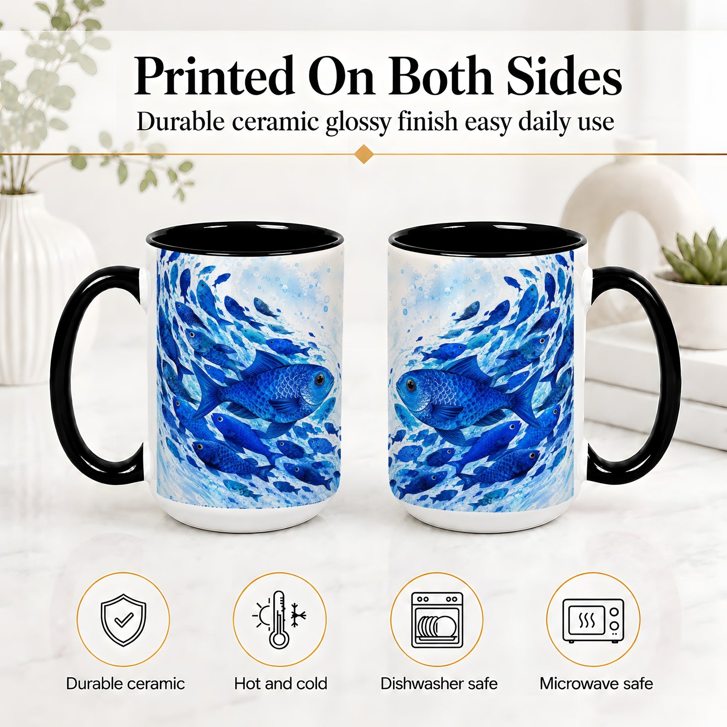#pl[15oz|Black] Blue Fish School Ceramic Mug, Watercolor Ocean Art for Fish Fans