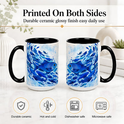 #pl[15oz|Black] Blue Fish School Ceramic Mug, Watercolor Ocean Art for Fish Fans