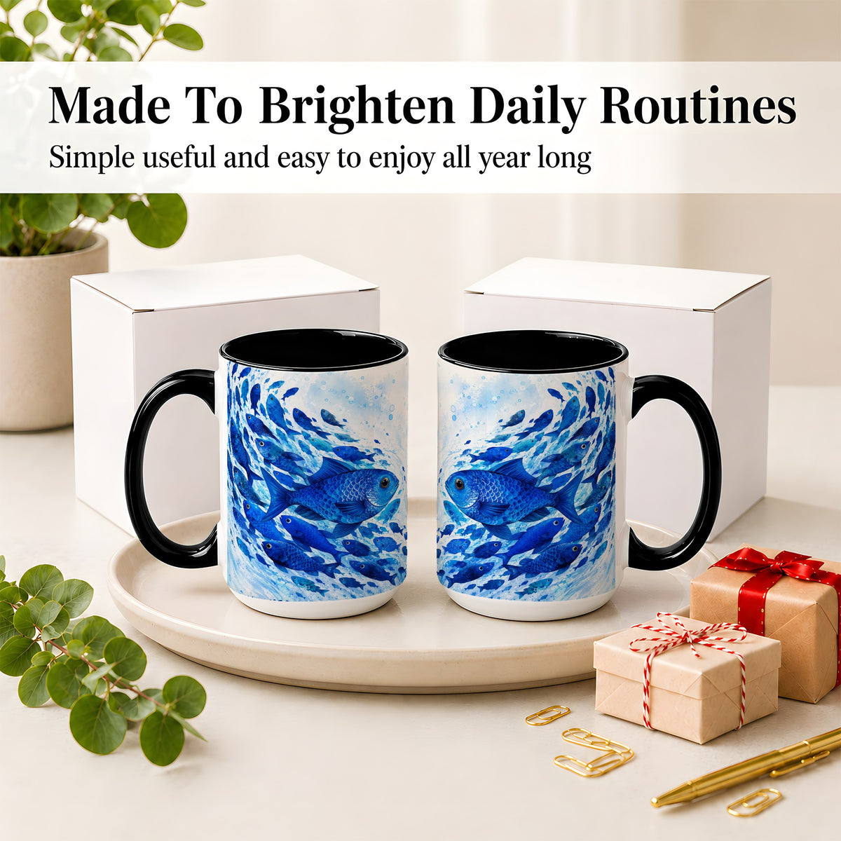 #pl[15oz|Black] Blue Fish School Ceramic Mug, Watercolor Ocean Art for Fish Fans