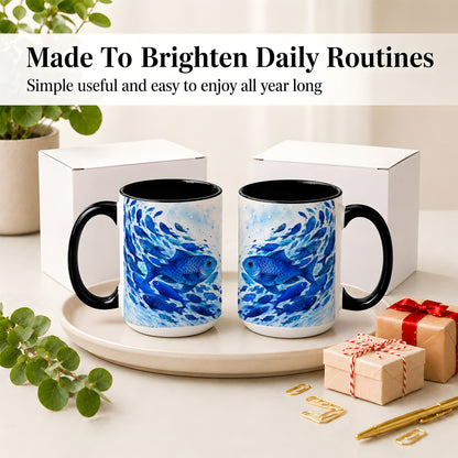 #pl[15oz|Black] Blue Fish School Ceramic Mug, Watercolor Ocean Art for Fish Fans