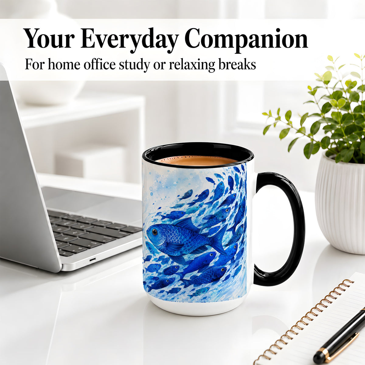 #pl[15oz|Black] Blue Fish School Ceramic Mug, Watercolor Ocean Art for Fish Fans