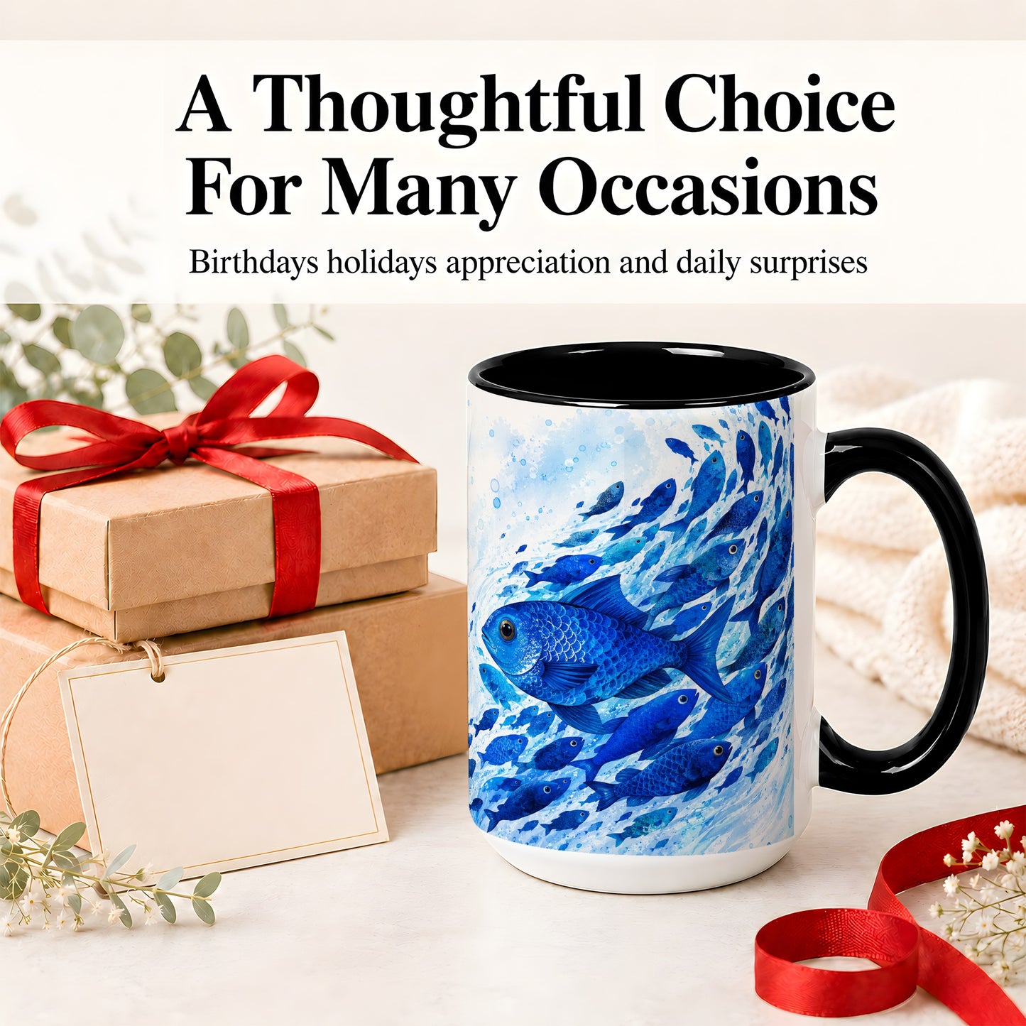 #pl[15oz|Black] Blue Fish School Ceramic Mug, Watercolor Ocean Art for Fish Fans