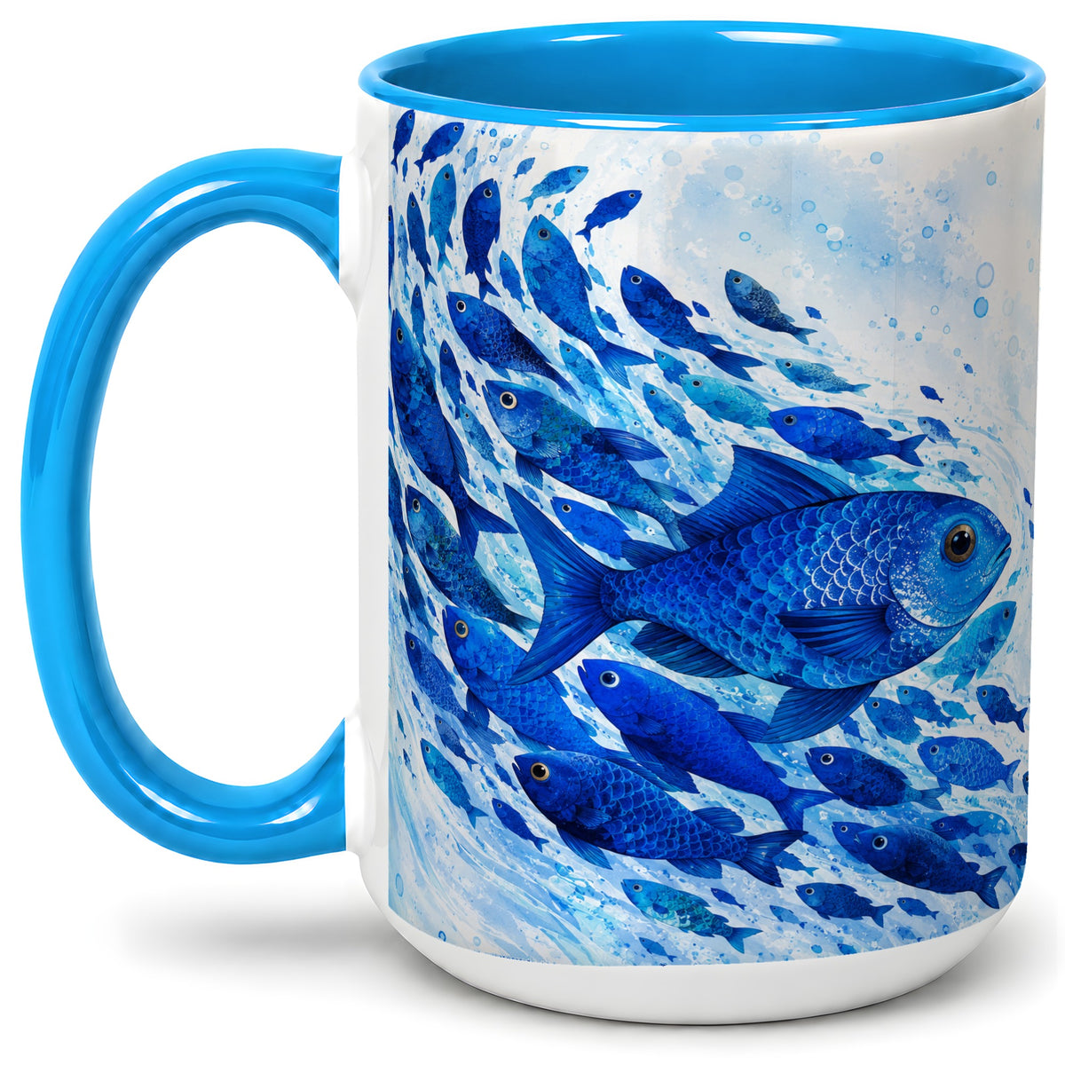 #pl[15oz|Blue] Blue Fish School Ceramic Mug, Watercolor Ocean Art for Fish Fans