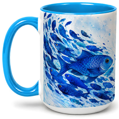 #pl[15oz|Blue] Blue Fish School Ceramic Mug, Watercolor Ocean Art for Fish Fans