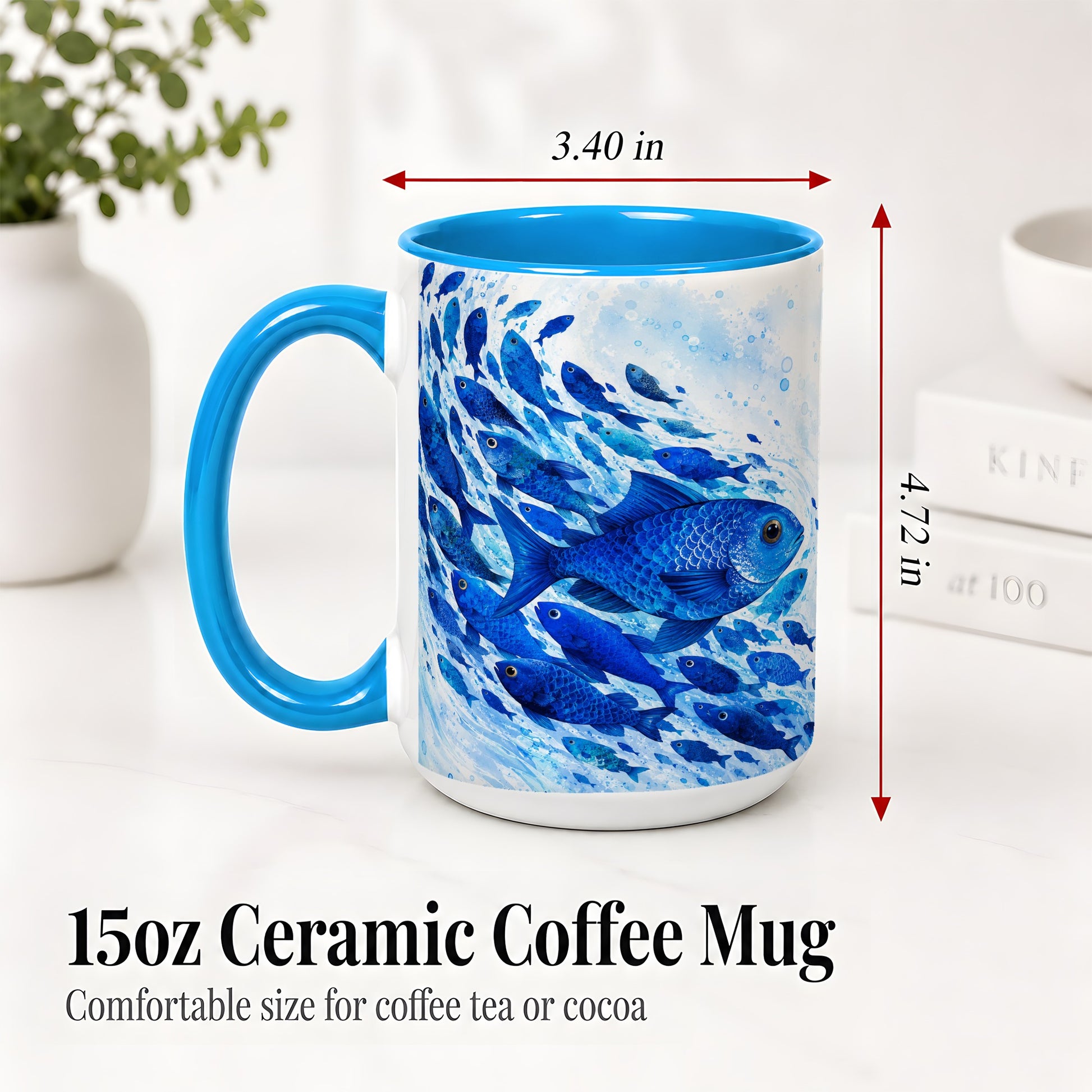 #pl[15oz|Blue] Blue Fish School Ceramic Mug, Watercolor Ocean Art for Fish Fans