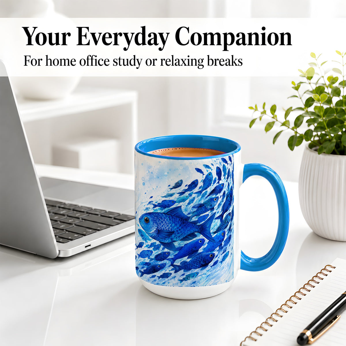 #pl[15oz|Blue] Blue Fish School Ceramic Mug, Watercolor Ocean Art for Fish Fans