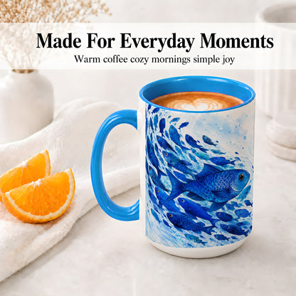 #pl[15oz|Blue] Blue Fish School Ceramic Mug, Watercolor Ocean Art for Fish Fans