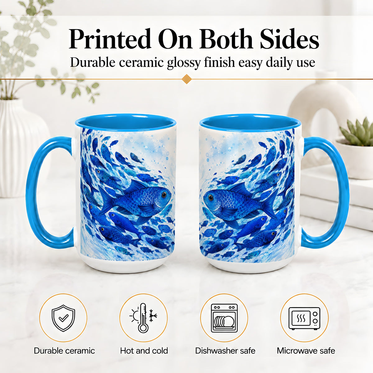 #pl[15oz|Blue] Blue Fish School Ceramic Mug, Watercolor Ocean Art for Fish Fans