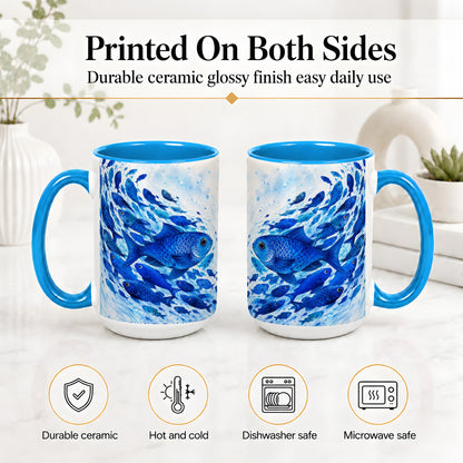 #pl[15oz|Blue] Blue Fish School Ceramic Mug, Watercolor Ocean Art for Fish Fans