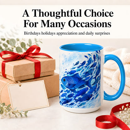 #pl[15oz|Blue] Blue Fish School Ceramic Mug, Watercolor Ocean Art for Fish Fans