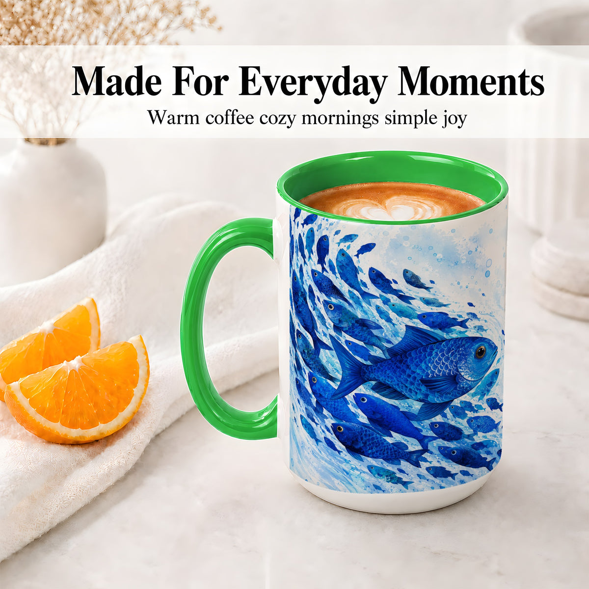 #pl[15oz|Green] Blue Fish School Ceramic Mug, Watercolor Ocean Art for Fish Fans