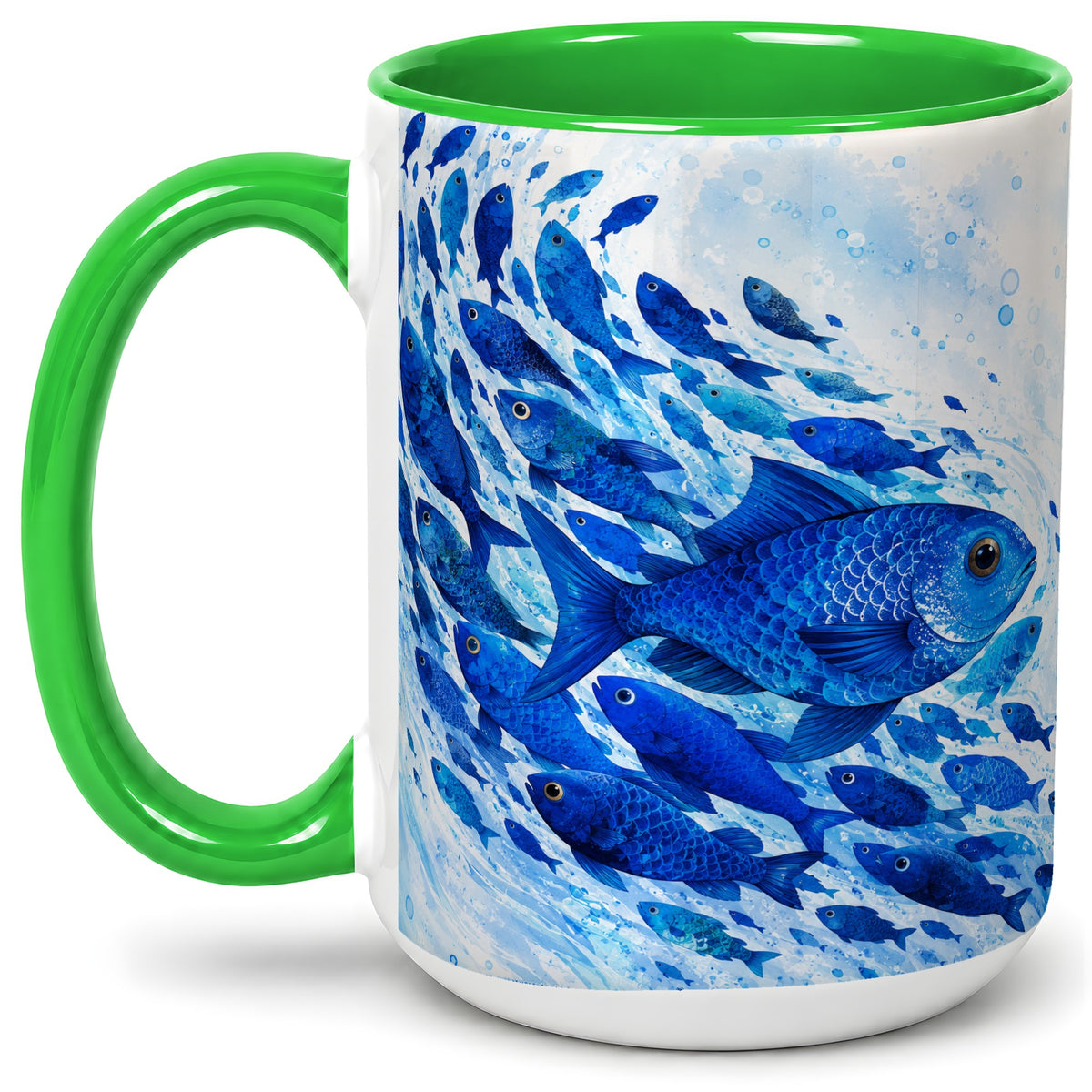 #pl[15oz|Green] Blue Fish School Ceramic Mug, Watercolor Ocean Art for Fish Fans