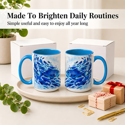 #pl[15oz|Blue] Blue Fish School Ceramic Mug, Watercolor Ocean Art for Fish Fans